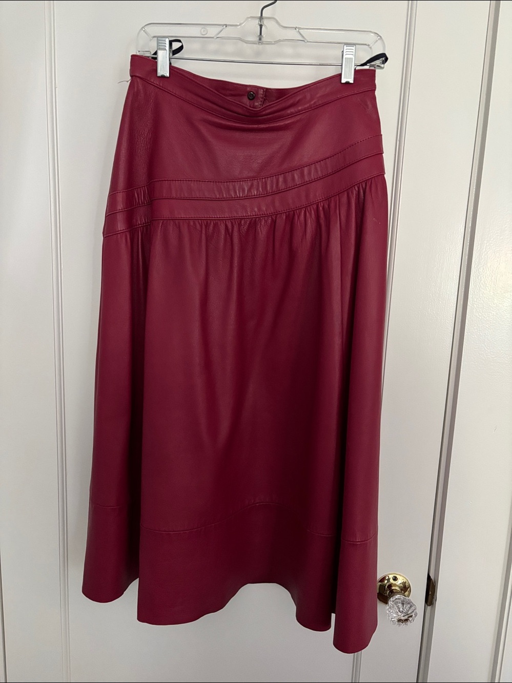 Women's Leather Midi Skirt in Deep Berry